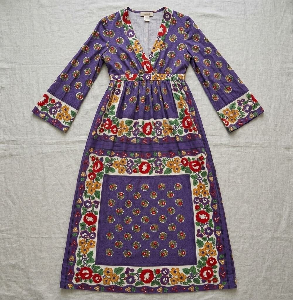 Vintage 70s Purple Floral Maxi Dress | Boho Festival Bell Sleeve Empire Waist